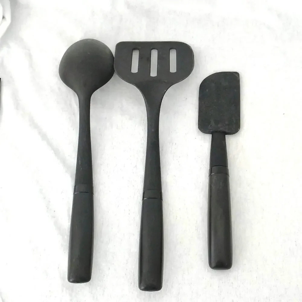 Food Network Black Silicone Slotted Turner Spatula Spoon Serve Utensil Set Of 3